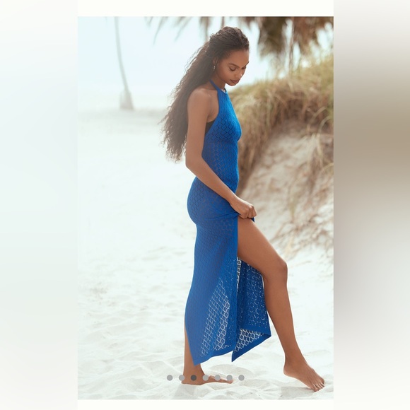 Anthropologie NWT Sz L stunning blue crocheted top-rated halter cover-up dress - Picture 7 of 16